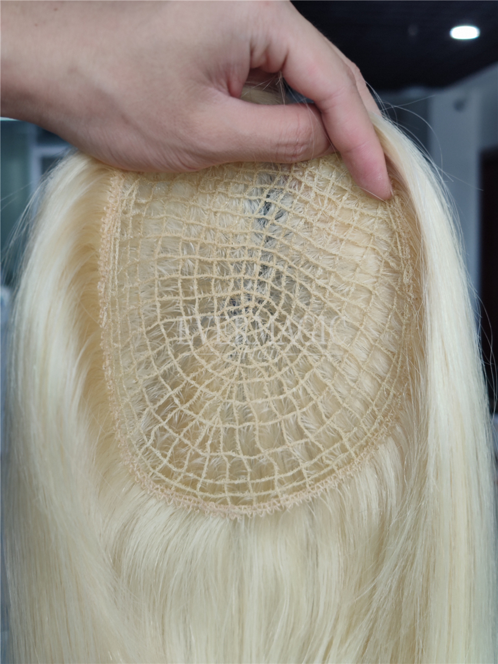 Nieuwe komende Russische blonde full fishnet menselijk haar toppers bijgewerkte netbasisclips in stukken voor dunner wordende vrouwen