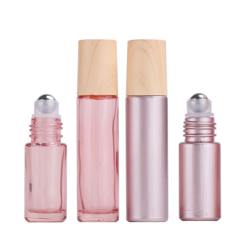 5ml 10ml Empty Rose Gold Glass Roll on Bottle Steel Roller False Wood Lid Portable Cosmetic Packaging Essence Eye Cream Massage Refillable Vials Container