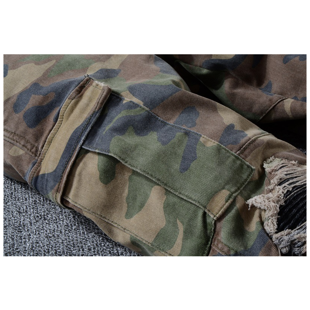 Mode Camouflage Armee Grüne Slim Jeans für Männer Hip Hop Patch Loch Denim Bleistifthose 836