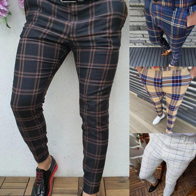 Roupas masculinas calças masculinas Business Plaid Slim Primavera Autumn Mid-Rise Padrão quadriculado Pantadia lápis para homens streetwear 220822