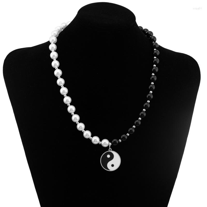 Choker Chokers Tai Chi Yin Yan Yang Pendant Charm White and Black Pearl Necklace for Women Men JewelryVintage203sのためのステンレス鋼