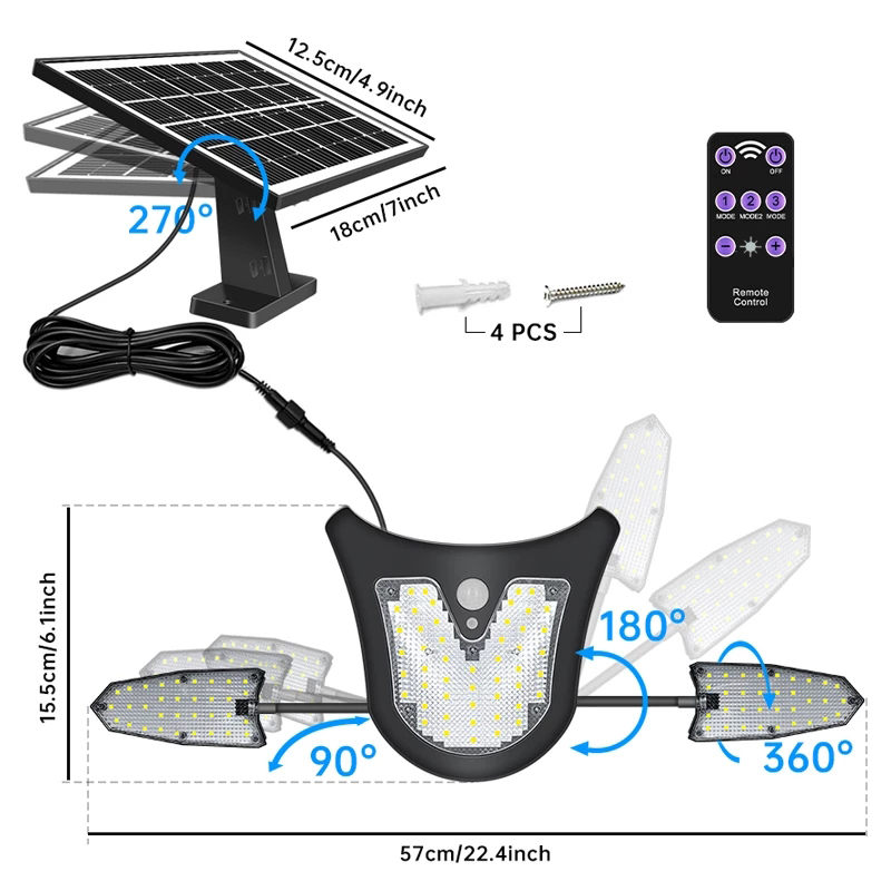 Lampes de jardin solaires capteur de mouvement projecteur fendu extérieur 900lm 115leds lumière de sécurité alimentée lumineuse réglable 3 têtes