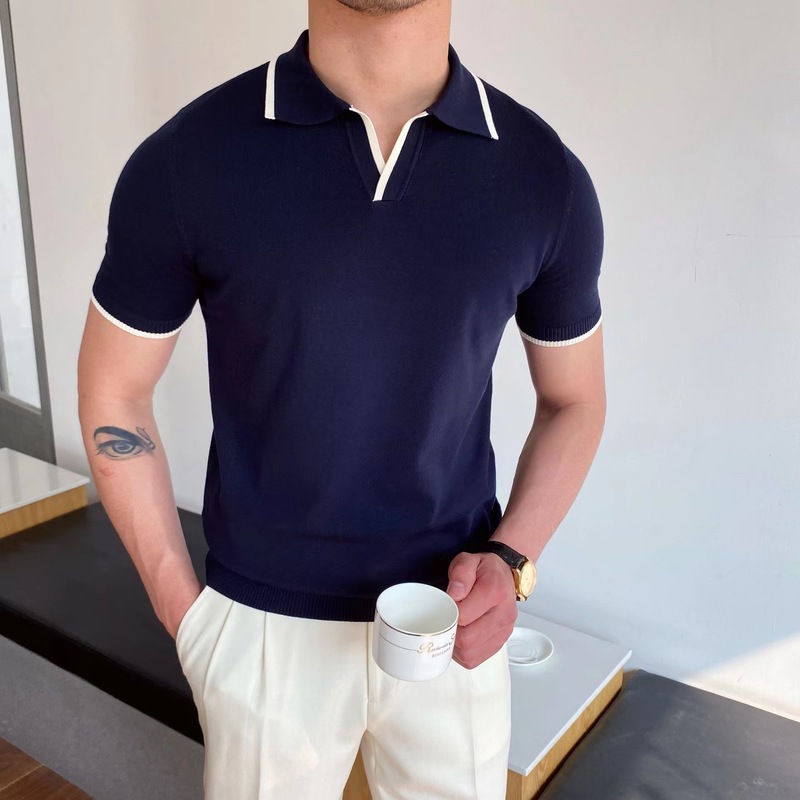 Męska polo wiosna letnia dzianina koszula polo Men swobodne skręcone przycisk kołnierza moda Solid Slim Tops Ice Silk Cotton T-Shirt 220826