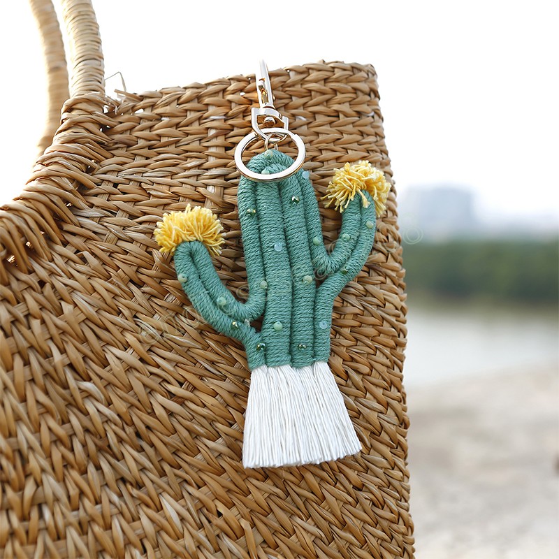 Creative Cactus Porte-clés Femmes Mignon Accessoires Pour Sac À Dos Vert Tissé Cactus Porte-clés Fleur Bracelet