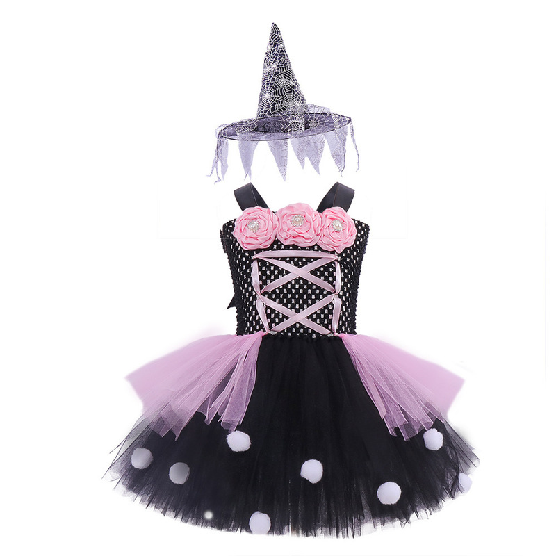 Occasions spéciales Halloween Enfants Filles Sorcière Robe De Soirée Bonbons Sac Chapeau Balai Vêtements Ensembles Fantôme Cosplay Enfants Carnaval Mesh Costume a220826