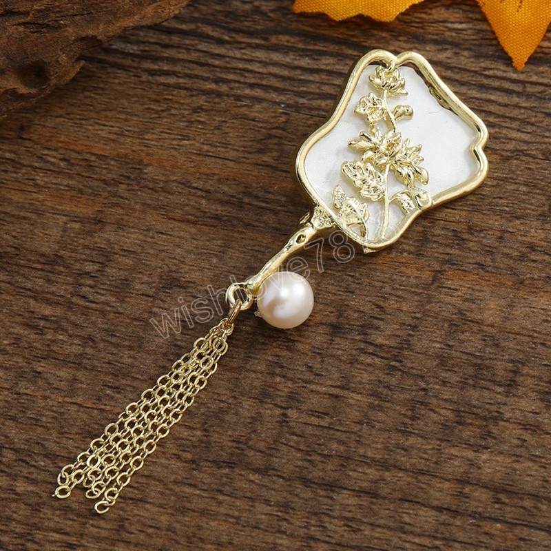 Çiçek Fan Pin Vintage Broşlar Kadınlar Charm Pearls Tassel Pin Giysileri Eşarp Takım Takı Hediye Aksesuarları