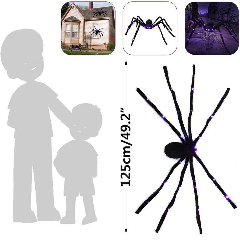 Other Festive Party Supplies 125cm Black Scary Giant Simulation Spider with Huge Purple LED Light Haunted Props Indoor Outdoor Halloween Decoration 220826