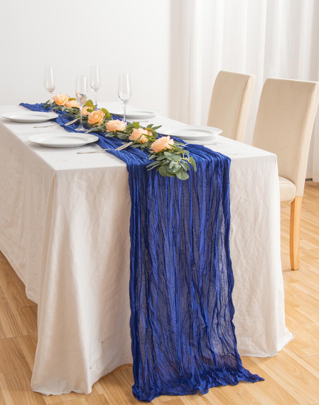 90x400cm Dining Tafel Runner Decoratie Rust Tafeel Doek Bruiloft Decoratie Katoen Gaze Dusty Blue servetten Geschenk