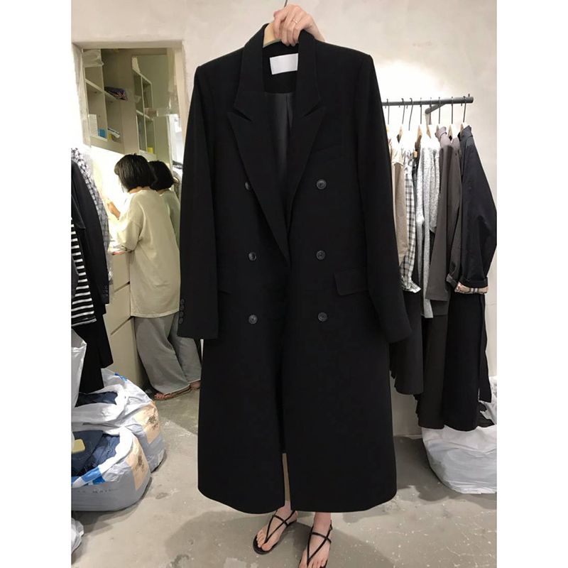 Women's Wool Blends Long double breasted solid breif blazer women Spring Autumn korean fashion loose suit 220826