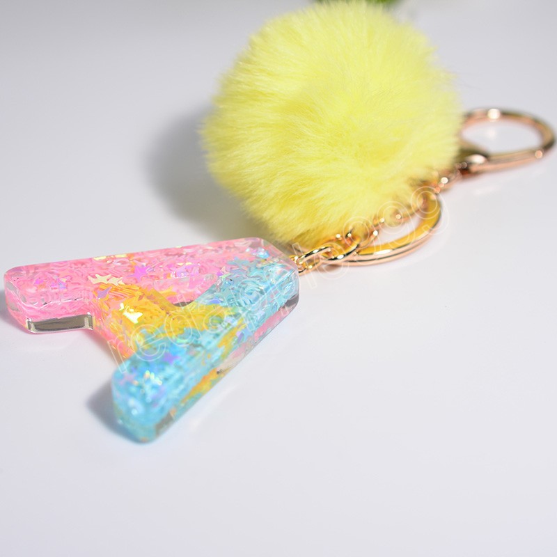 Rainbow Color 26 Initials Letter Key Pendant With Yellow Fluffy Pompom Fashion Girls Charms Handbag Car Pendant Keyring Jewelry