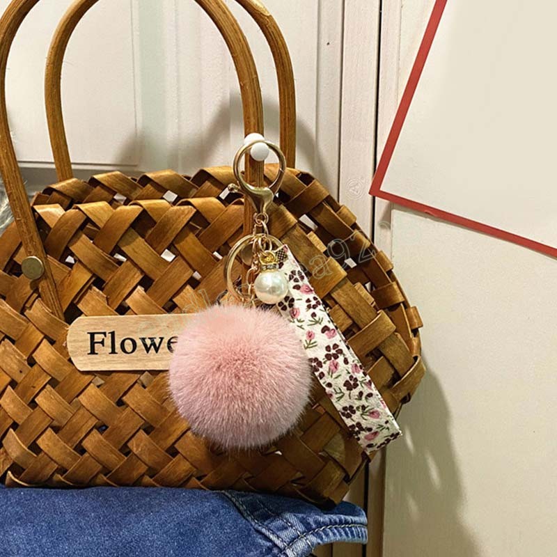 Korean Fashion Pompom Keychain Lanyard Flower Printed Ribbon Pendant Key Chain Car Keyring Holder Bag Charms Tillbehör
