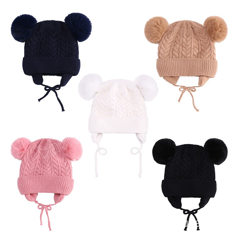 Cappello invernale bambini con pompon con paraorecchie Fodera in peluche Cappelli bambini lavorati a maglia Berretto neonati Cofano bambini Accessori ragazze