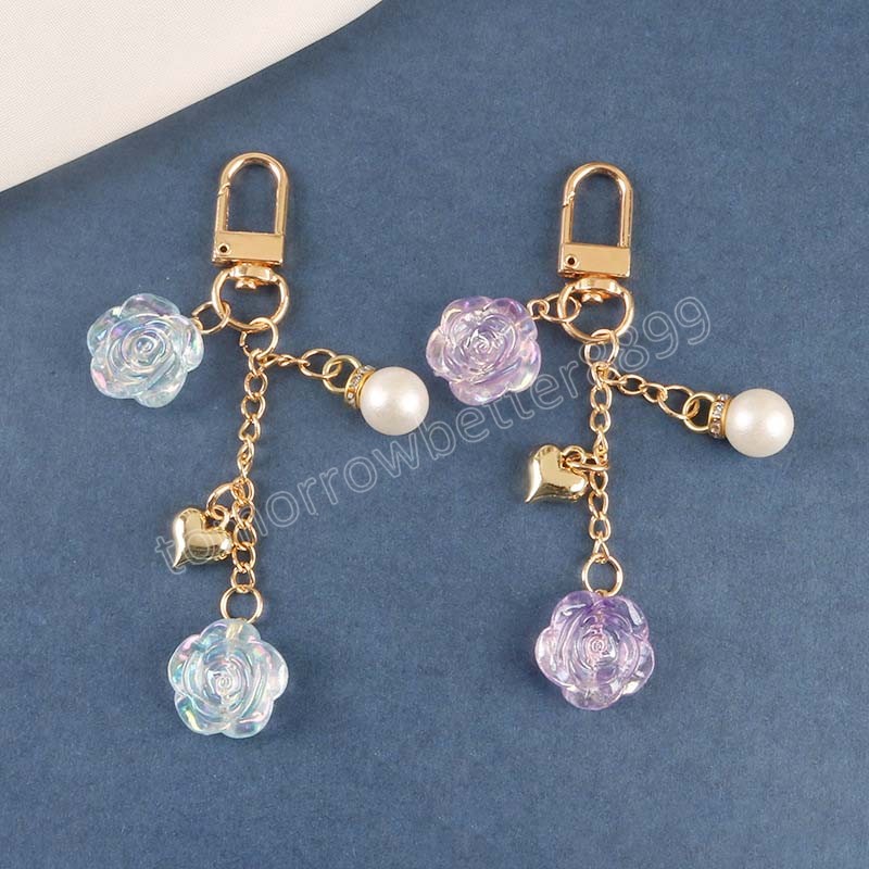 Creative Romantic Romantic Resin Flower Chifet Kelechains Heart Pearl Key Ring Femme Bag Sac Pendant Holder Key Holder Cadeaux