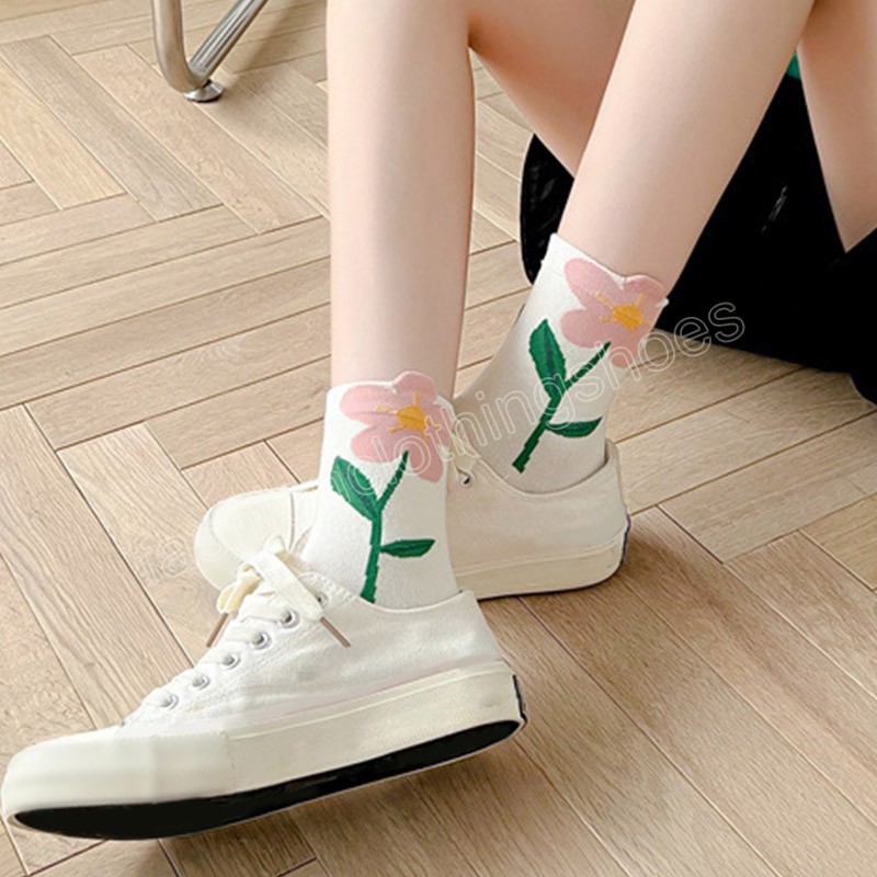 Women's Cotton Middle Tube Tulip Flower Socks Breathable Casual Female Socks Summer Sport Long Sweatwear Sock