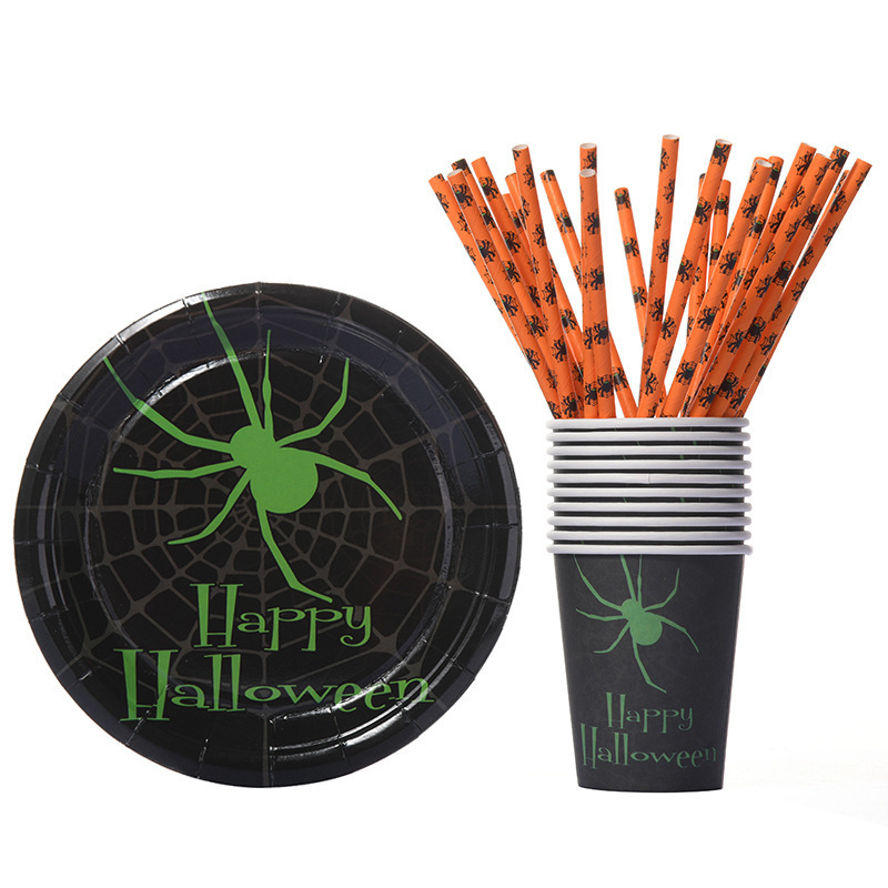 Décoration de fête Halloween Spider Pumpkin Sorcière Vaisselle jetable Assiettes en papier Tasses Pailles Décoration Ballon Fournitures 220826