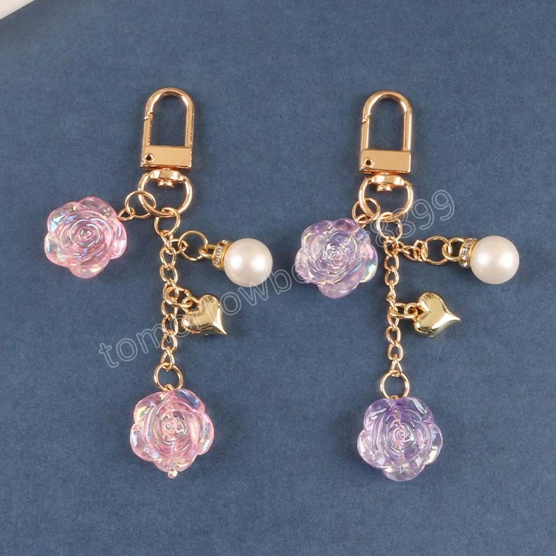 Creative Romantic Romantic Resin Flower Chifet Kelechains Heart Pearl Key Ring Femme Bag Sac Pendant Holder Key Holder Cadeaux