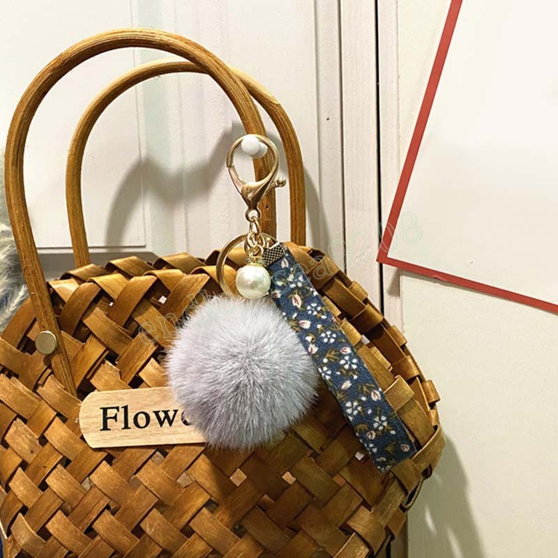 Mode coréenne pompon porte-clés longe fleur imprimé ruban pendentif porte-clés voiture porte-clés titulaire sac breloques accessoires