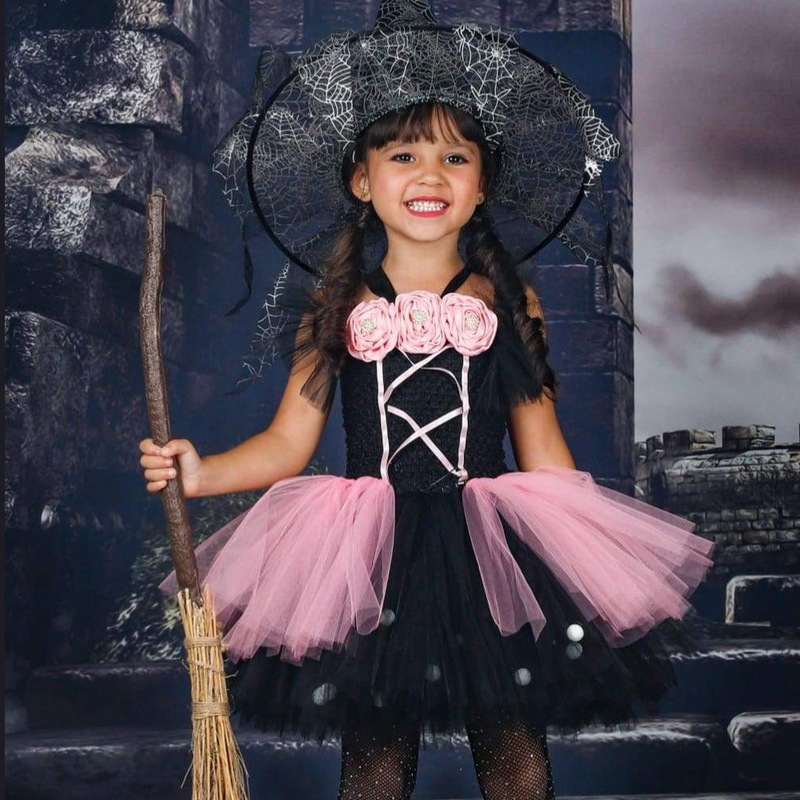 Speciale gelegenheden Halloween Children Girls Witch Party Candy Bag Hat Broom kledingsets Ghost Cosplay Kids Carnival Mesh Kostuum A220826