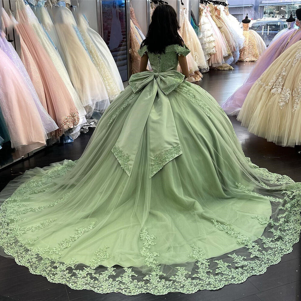 Sage Green Lace Quinceanera Dresses 2022 Ball Gown Sweet 15 Dress With Big Bow Off The Shoulder Corset Prom Dresses Vestido 16 XV Vestidos De 15 Anos Robe Bal