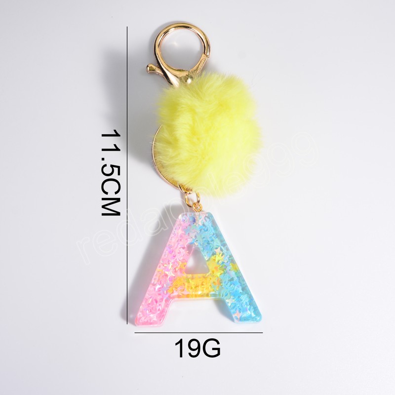 Rainbow Color 26 Initials Letter Key Pendant With Yellow Fluffy Pompom Fashion Girls Charms Handbag Car Pendant Keyring Jewelry