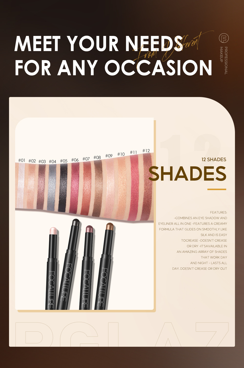 WHIGHTERSS Shimmer Cream Ckseshadow Pencil Shadow Shorn Formuła Formuła długotrwała wodoodporna makijaż