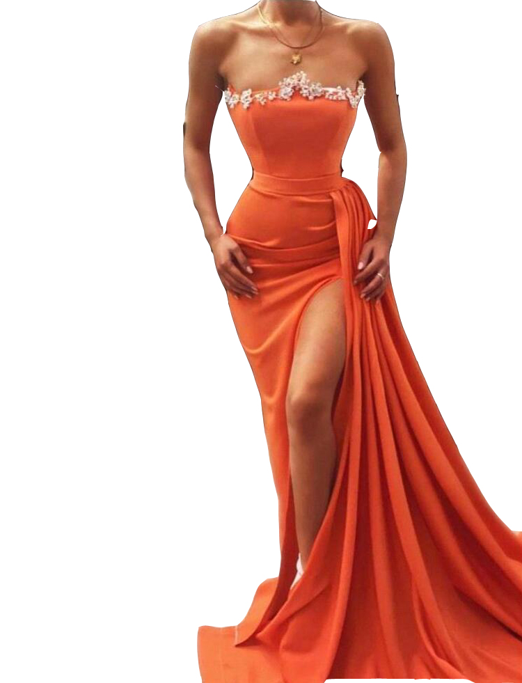 2022 Sexy Orange Mermaid Evening Dresses Wear Sleeveless Strapless Side Split Silver Crystal Beads Plus Size Special Occasion Prom Party Gowns Vestidos De Novia