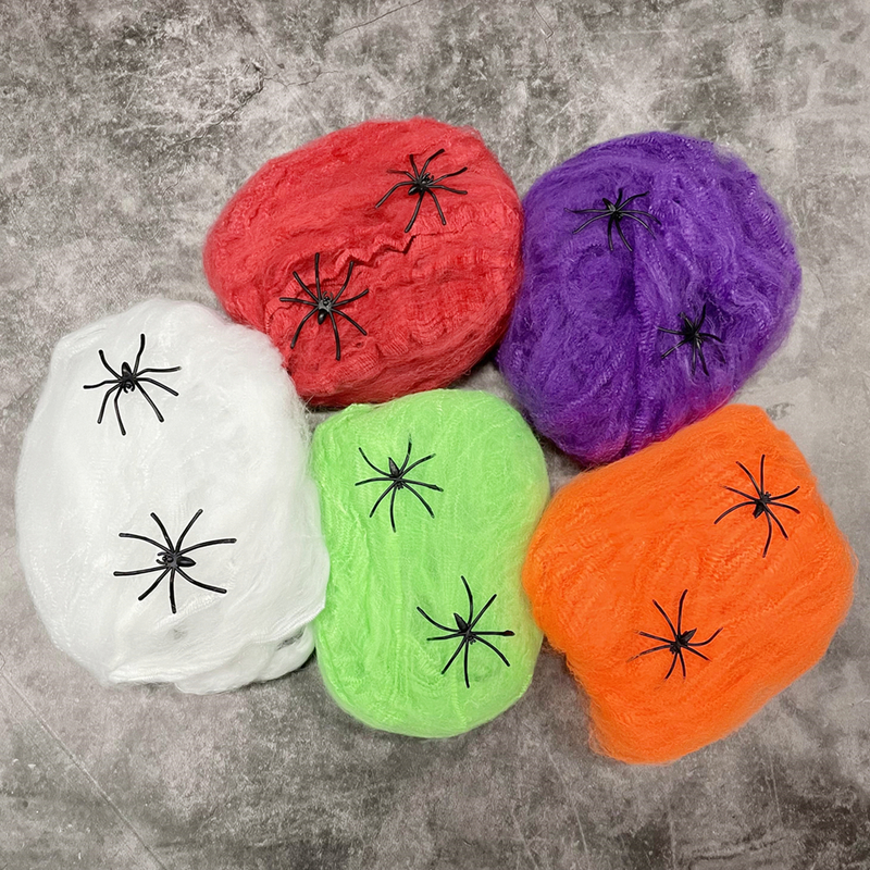 Andra festliga festf￶rs￶rjningar Halloween -dekorationer Artificial Spider Web Super Stretch Cobwebs med falska spindlar L￤skig scendekor inomhus utomhus rekvisita 220826