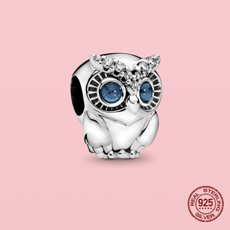 925 Silver Fit Pandora Bransoletka Bransoletka Cute Blue Eye Owl Dangle Charmes Ciondoli DIY Fine Kulki Biżuteria