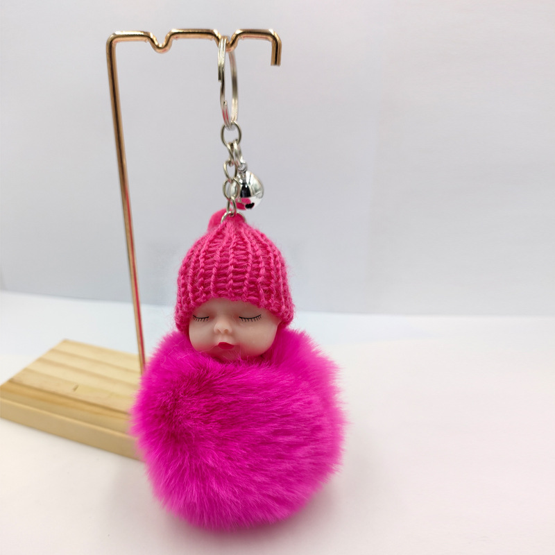 Mignon dormir bébé poupée porte-clés pompon lapin boule de fourrure mousqueton porte-clés femmes enfants porte-clés sac pendentif 50