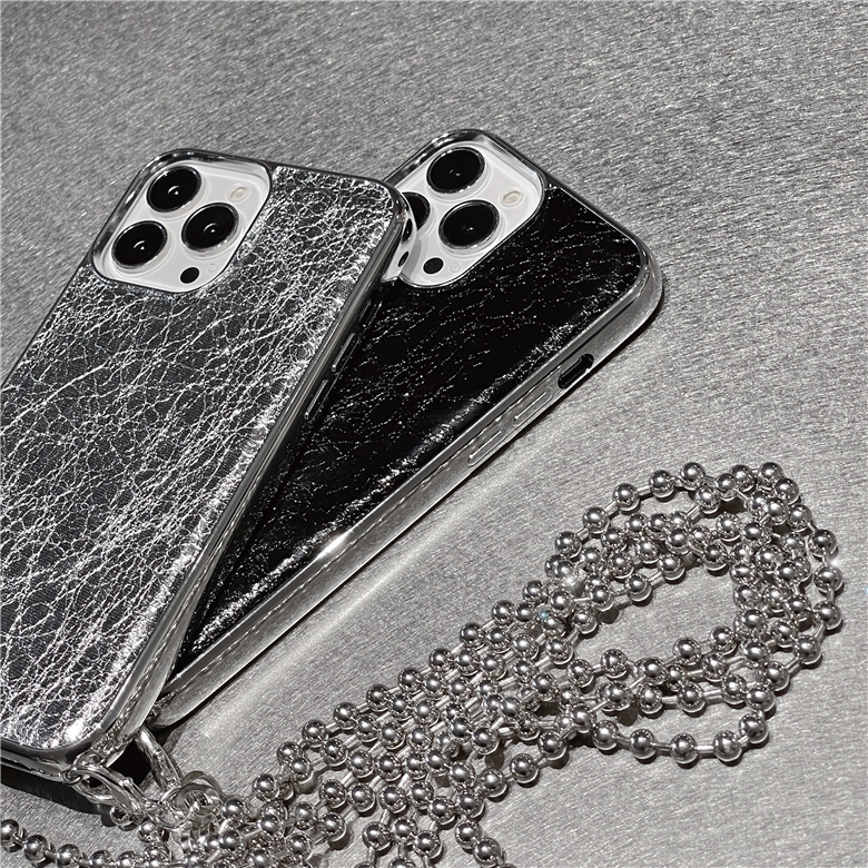 Collier coques de téléphone en cuir de Grain craquelé pour iPhone 13 12 11 Pro Max bandoulière chaîne placage coque de protection antichoc