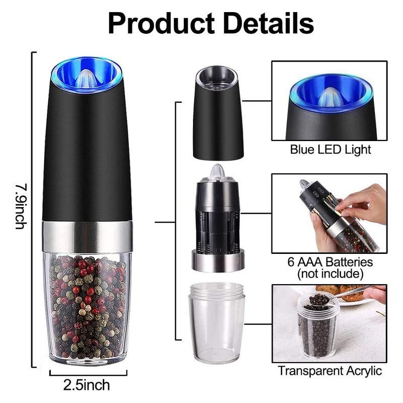 Mills MLIA Set Electric Pepper Mill Stainless Steel Automatic Gravity Induction Salt and Pepper Grinder Kitchen Spice Grinder Tools 220827