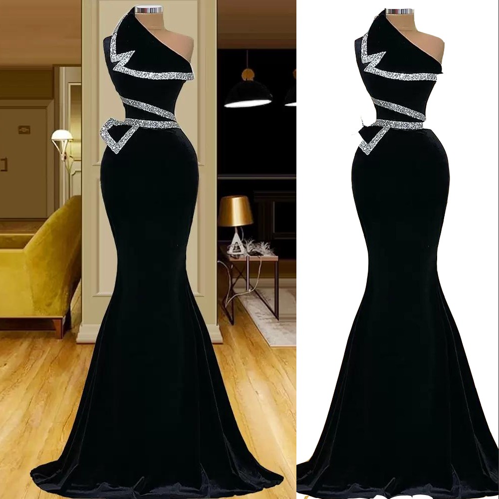 2022 Sexy Arabisch zwart fluwelen zeemeermin avondjurken dragen een schouder plus maat zilver kristal kralen mouwloze formele prom -jurken vestido de novia