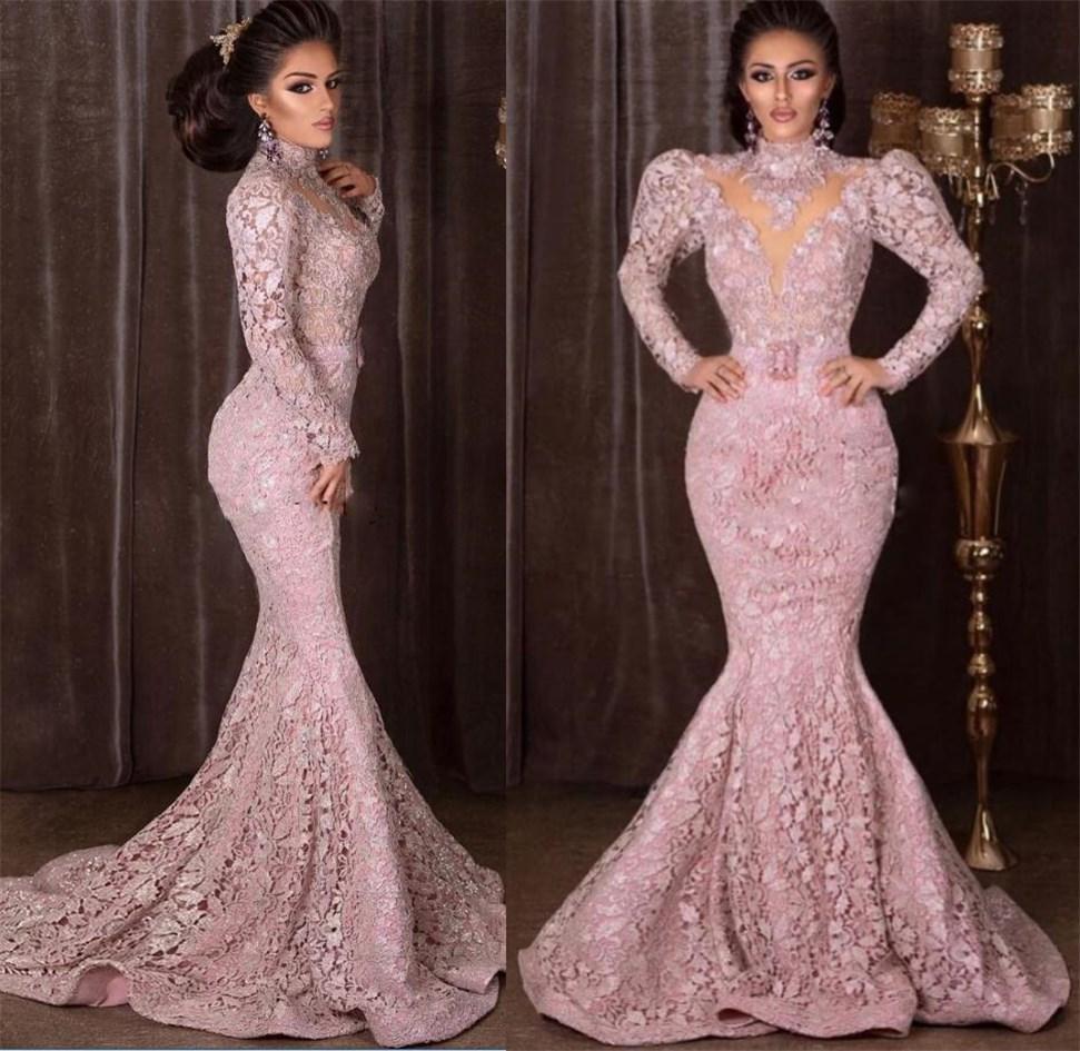 2022 Plus Size Arabic Pink Mermaid Prom Dresses High Neck Long Sleeves Illusion Full Lace Evening Wear Formal Party Birthday Gowns Dress