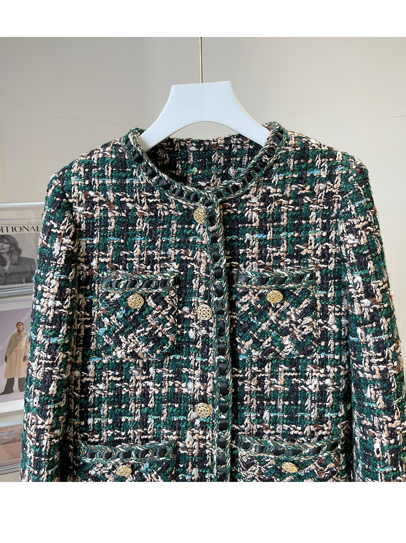 2022 Jaqueta de tweed de tweed de peco redondo de outono color de contraste verde colorido de manga longa com peito de peito de peito único Jackets Coat Short Outwear 22G186093