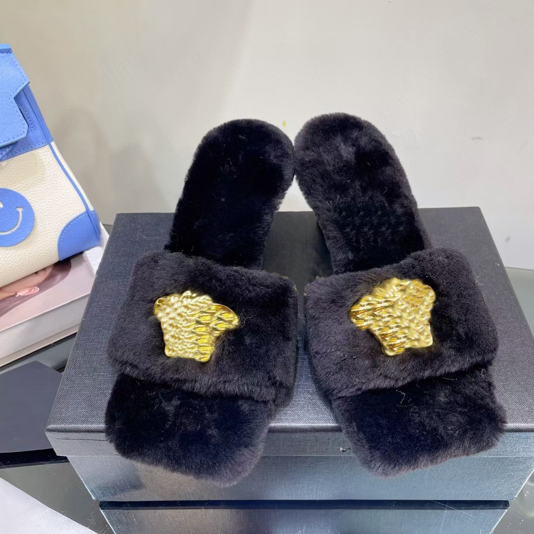 Top quality wool slippers fashion metal buckle high heels warm box size 35-42