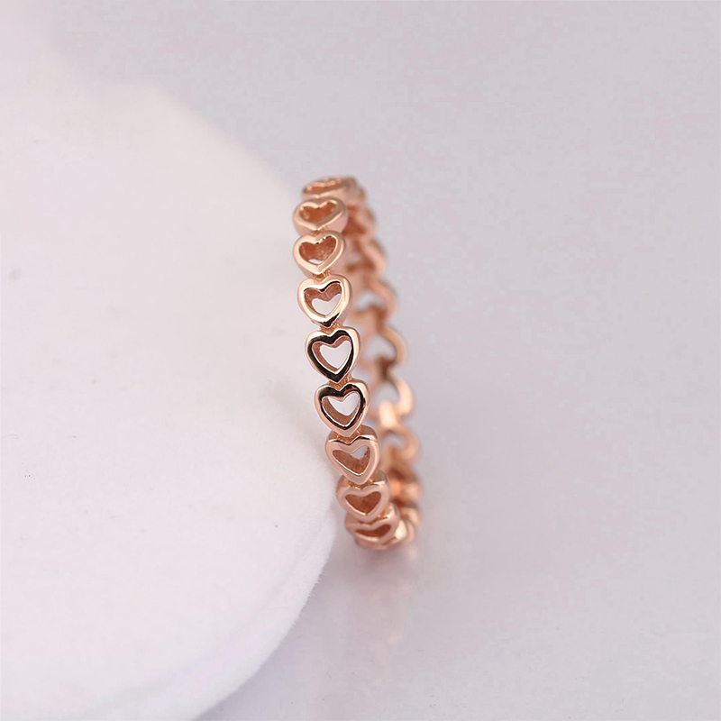 Yellow Gold plated Band of Hearts Ring Womens 925 Sterling Silver Wedding gift Original Box set for Pandora Rose gold Rings