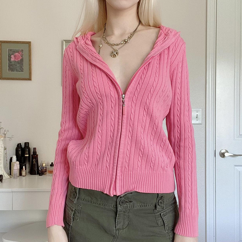 Damenjacken Damen-Kapuzenpullover mit Reißverschluss, gehäkelt, rosa Farbe, langärmlig, gerippt, dehnbar, lässiger Kapuzenpullover 220827