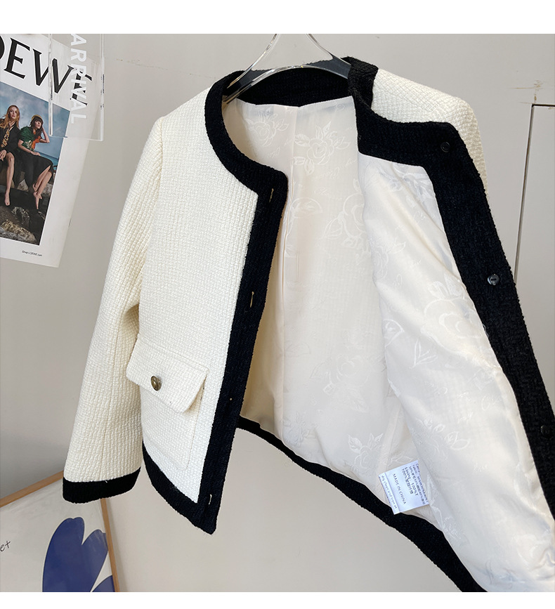 2022 Autumn Round Neck Tweed Panelled Jacket White Black Contrast Color Long Sleeve Single-Breasted Pockets Jackets Coat Short Outwear 22G186241