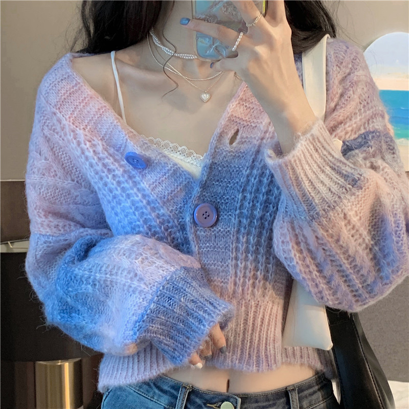 Kvinnorjackor Sueters de Mujer Autumn Retro Wild Gradient V Neck Rainbow Sticked Tröja Tie Dye Twist Cardigan Crop Jacket Pull Fashion Sexig 220827