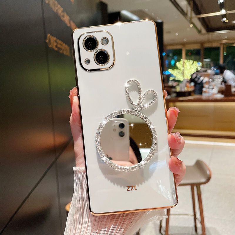 Fashion Diamonds Rabbit Ear Make -up Mirror Telefoonhoesjes voor iPhone 14 14Pro Prevention Shells