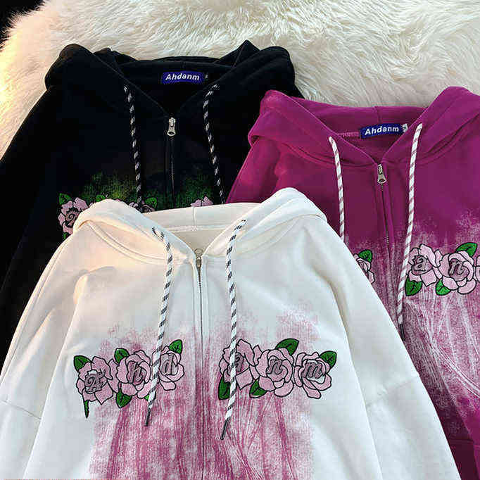 Women's Hoodies Sweatshirts Aesthetic Pink Y2K Graffiti Rose Embroidery Zip Up Hoodie Women Girls Kawaii Clothes Oversized Sweatshirt Harajuku Autumn Tops T220826