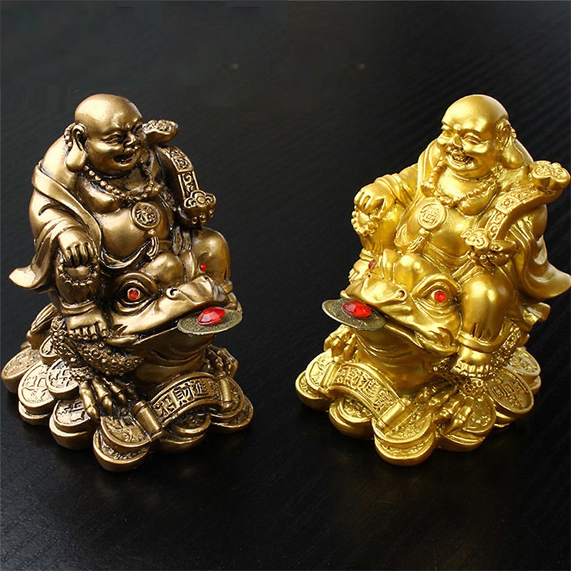 Dekorativa objekt Figurer Lucky Feng Shui Maitreya Buddha Statue Figurin Money Fortune Wealth Chinese Golden Frog Home Office Tablett Dekoration 220827