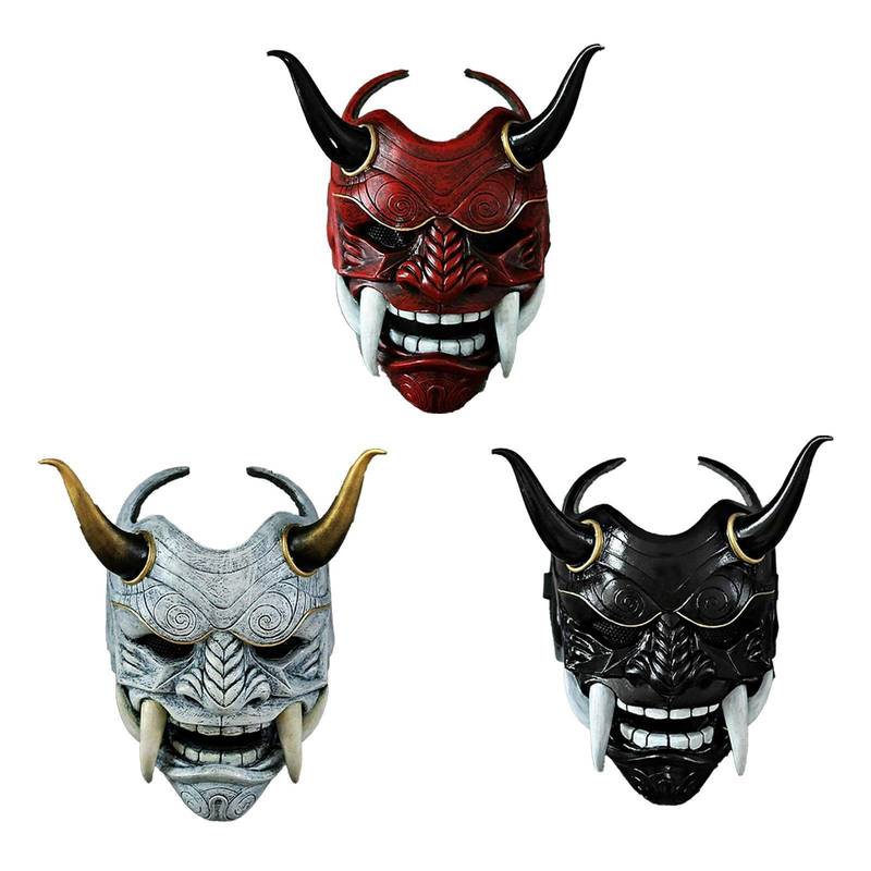 Maschere feste Halloween Face Hannya Demon Oni Samurai Noh Kabuki Red Prajna Cow Devil Latex Adulto Unisex con corna di corda 220826