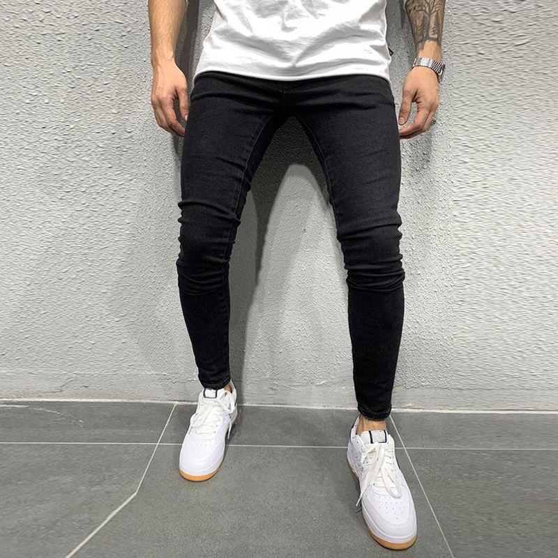 Jeans masculinos cinza jeans puro jeans homens cintura el￡stica jeans skinny homens esticar sem cal￧as rasgadas streetwear preto cal￧as de jeans 220827