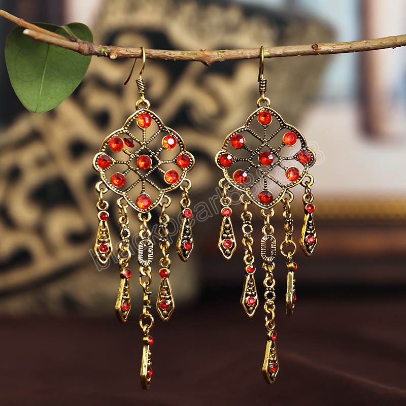 Vintage Red CZ Indian Jhumka Brincos de cristal ￩tnico Brincos de strass de cristal feminino Brinco de borla longa feminina