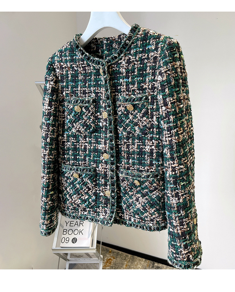 2022 Jaqueta de tweed de tweed de peco redondo de outono color de contraste verde colorido de manga longa com peito de peito de peito único Jackets Coat Short Outwear 22G186093