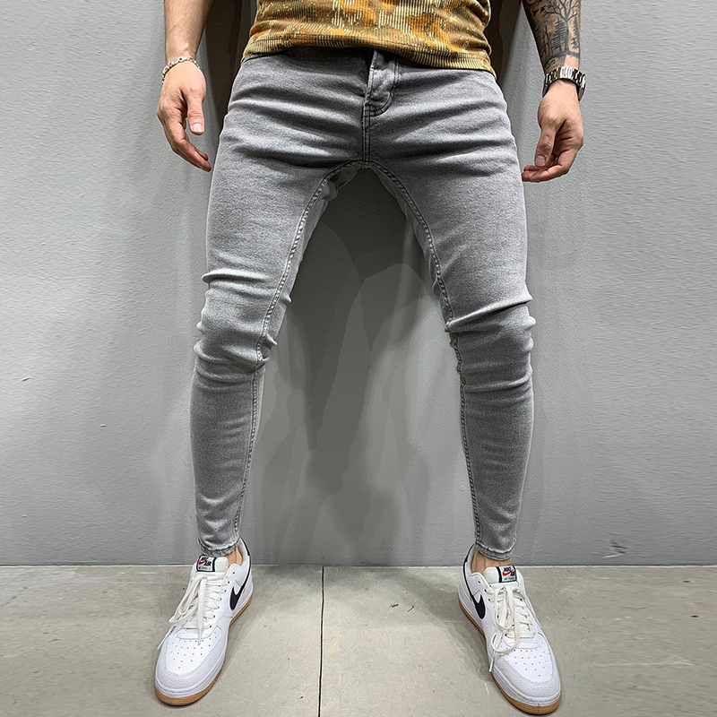 Jeans masculinos cinza jeans puro jeans homens cintura el￡stica jeans skinny homens esticar sem cal￧as rasgadas streetwear preto cal￧as de jeans 220827