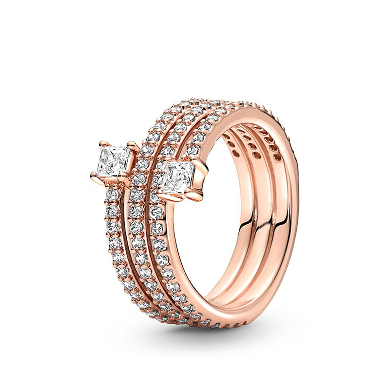 NIEUWE Rose gold Triple Spiral Ring CZ diamant Vrouwen Meisjes Huwelijkscadeau ontwerper Sieraden Originele Doos voor Pandora 925 Zilveren Ringen Set