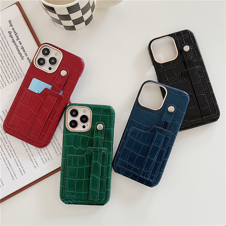 Beplating Crocodile Patroon Lederen telefoonhoesjes voor iPhone 13 12 11 Pro Max 7 8 SE2 SE2 Duurzame polsband Alligator Korrel Kaart Slot Wallet Koppeling Beschermende schaal