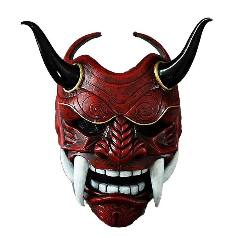 Parti Maskeleri Cadılar Bayramı Yüz Hannya Demon Oni Samurai Noh Kabuki Kırmızı Prajna İnek Şeytan Lateks Yetişkin Unisex Halat Boynuzları ile 220826